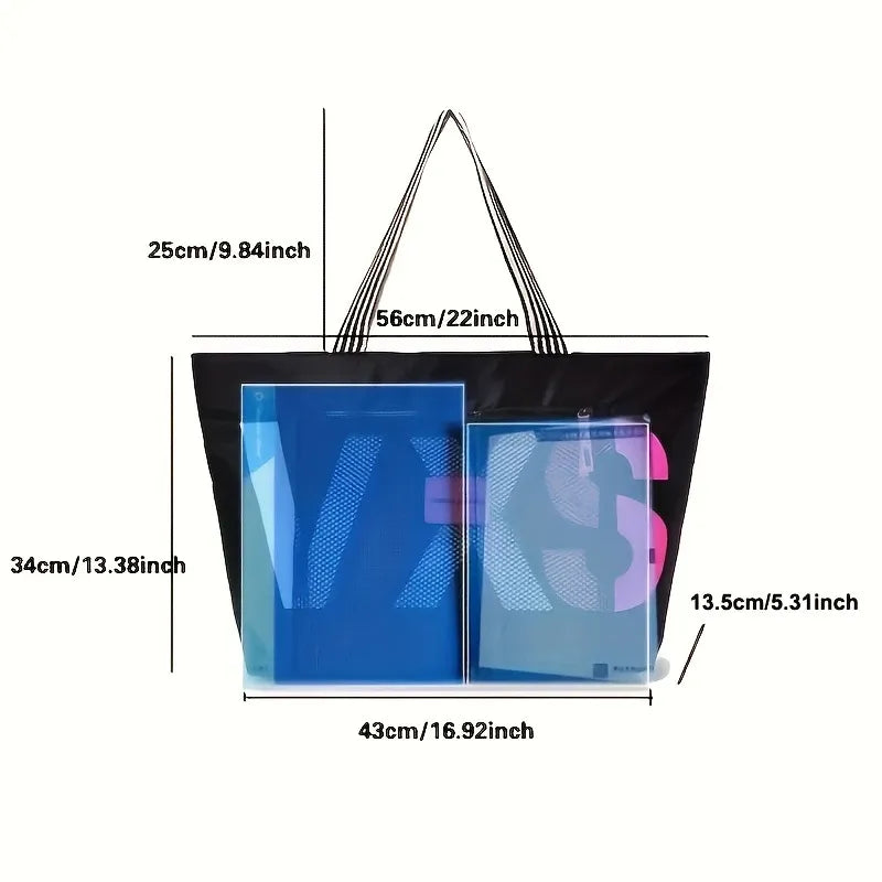 Large canvas tote bag with transparent letter patch, polyester lining, extra-large capacity fits A4 files, multiple pockets, perfect for commute, school, shopping, and short trips.*dark blue