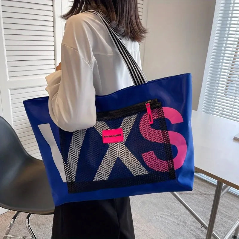 Large canvas tote bag with transparent letter patch, polyester lining, extra-large capacity fits A4 files, multiple pockets, perfect for commute, school, shopping, and short trips.*dark blue