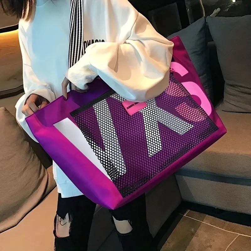 Large canvas tote bag with transparent letter patch, polyester lining, extra-large capacity fits A4 files, multiple pockets, perfect for commute, school, shopping, and short trips.*dark blue