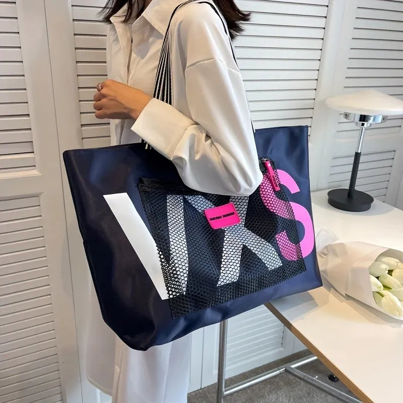 Large canvas tote bag with transparent letter patch, polyester lining, extra-large capacity fits A4 files, multiple pockets, perfect for commute, school, shopping, and short trips.*dark blue
