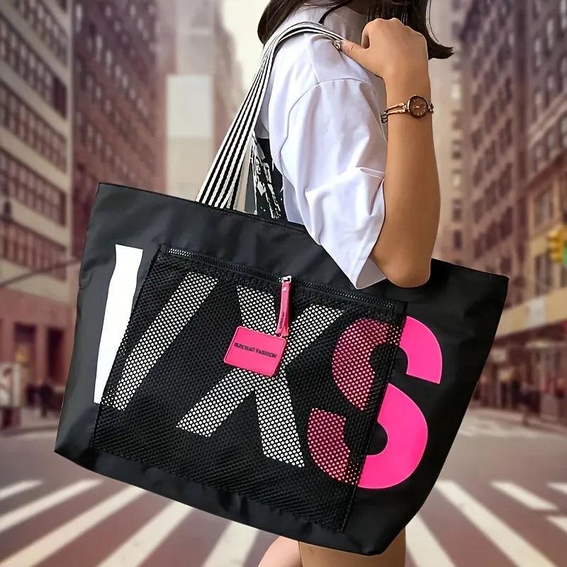 Large canvas tote bag with transparent letter patch, polyester lining, extra-large capacity fits A4 files, multiple pockets, perfect for commute, school, shopping, and short trips.*dark blue