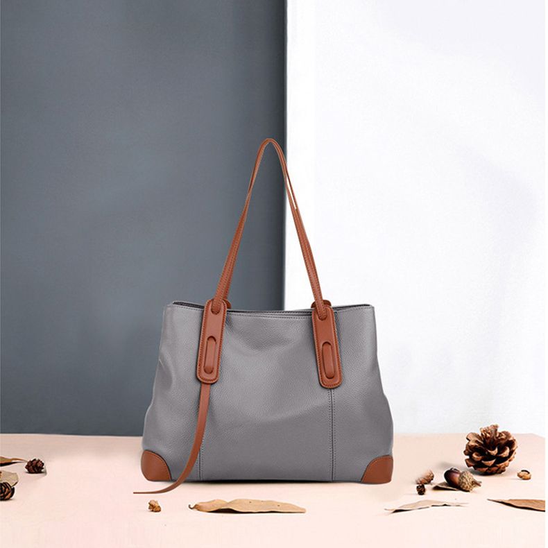 Top-Grain Leather Contrast Tote: Large Capacity Commuter Shoulder & Handbag, Fabric Lining.(Gray with brown)