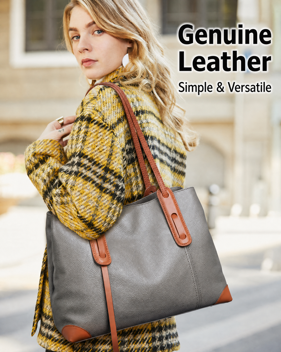 Top-Grain Leather Contrast Tote: Large Capacity Commuter Shoulder & Handbag, Fabric Lining.(Gray with brown)