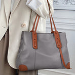 Top-Grain Leather Contrast Tote: Large Capacity Commuter Shoulder & Handbag, Fabric Lining.(Gray with brown)