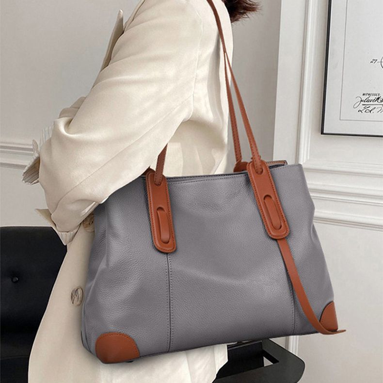 Top-Grain Leather Contrast Tote: Large Capacity Commuter Shoulder & Handbag, Fabric Lining.(Gray with brown)