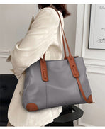 Top-Grain Leather Contrast Tote: Large Capacity Commuter Shoulder & Handbag, Fabric Lining.(Gray with brown)