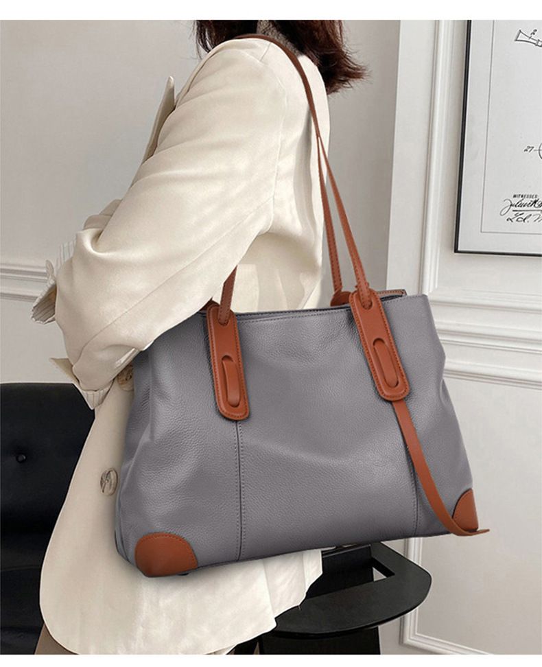 Top-Grain Leather Contrast Tote: Large Capacity Commuter Shoulder & Handbag, Fabric Lining.(Gray with brown)