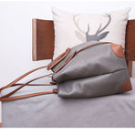 Top-Grain Leather Contrast Tote: Large Capacity Commuter Shoulder & Handbag, Fabric Lining.(Gray with brown)