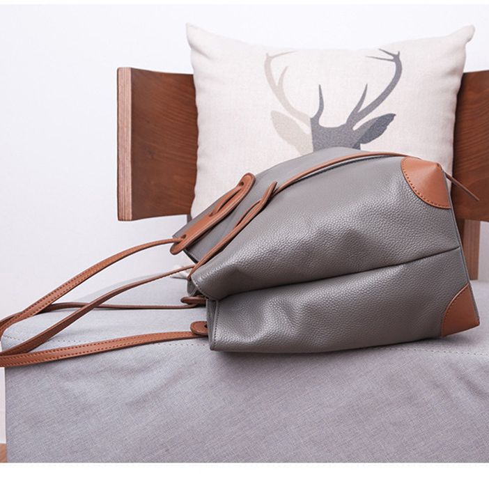 Top-Grain Leather Contrast Tote: Large Capacity Commuter Shoulder & Handbag, Fabric Lining.(Gray with brown)