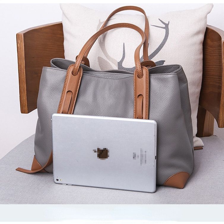 Top-Grain Leather Contrast Tote: Large Capacity Commuter Shoulder & Handbag, Fabric Lining.(Gray with brown)