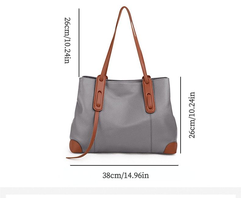 Top-Grain Leather Contrast Tote: Large Capacity Commuter Shoulder & Handbag, Fabric Lining.(Gray with brown)