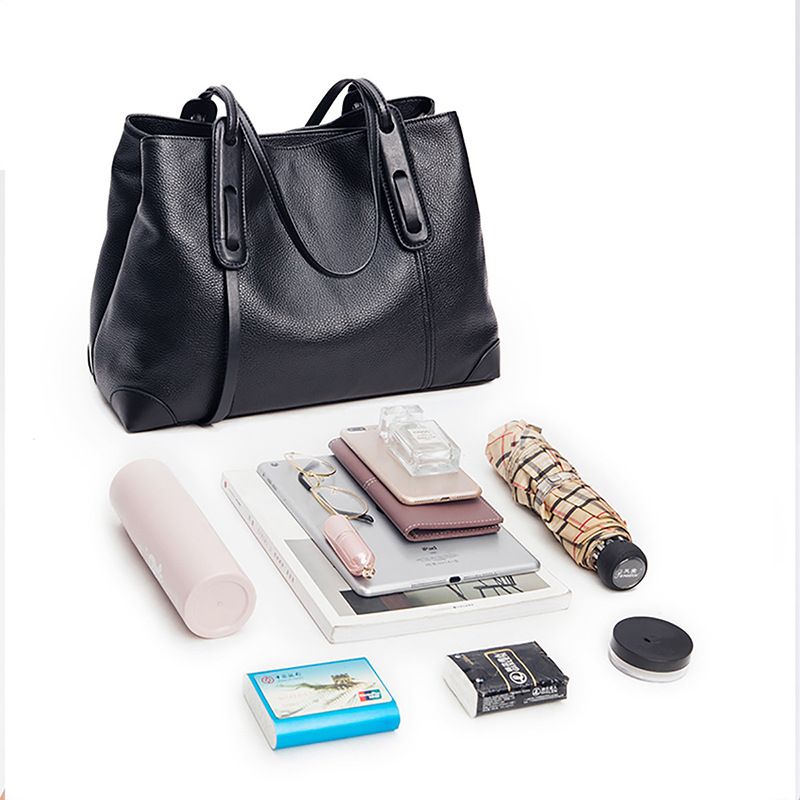 Top-Grain Leather Contrast Tote: Large Capacity Commuter Shoulder & Handbag, Fabric Lining.(Gray with brown)