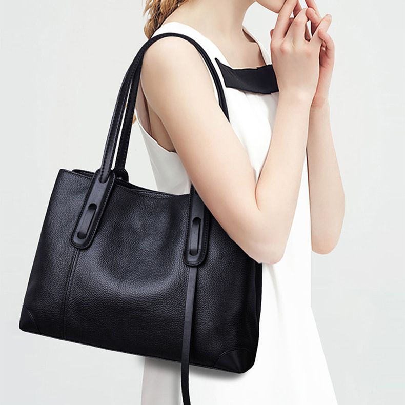Top-Grain Leather Contrast Tote: Large Capacity Commuter Shoulder & Handbag, Fabric Lining.(Gray with brown)
