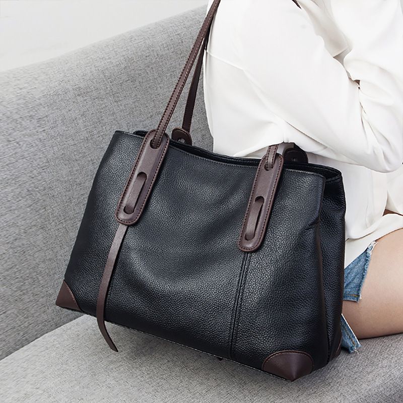 Top-Grain Leather Contrast Tote: Large Capacity Commuter Shoulder & Handbag, Fabric Lining.(Gray with brown)