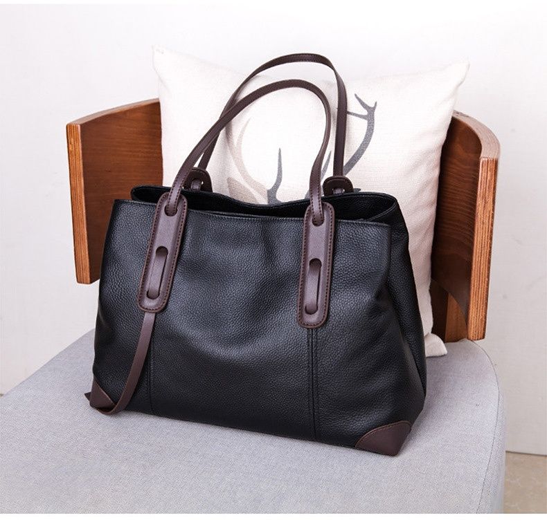 Top-Grain Leather Contrast Tote: Large Capacity Commuter Shoulder & Handbag, Fabric Lining.(Gray with brown)