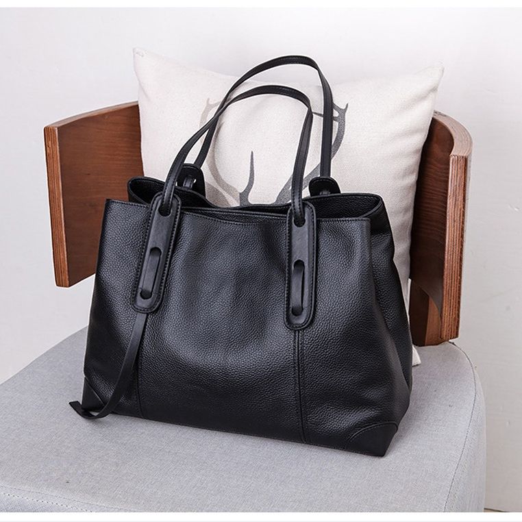 Top-Grain Leather Contrast Tote: Large Capacity Commuter Shoulder & Handbag, Fabric Lining.(Gray with brown)
