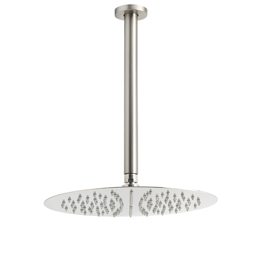 Brushed Nickel Round 12" Shower Rain Head + 300mm Brass Ceiling Dropper Arm Set