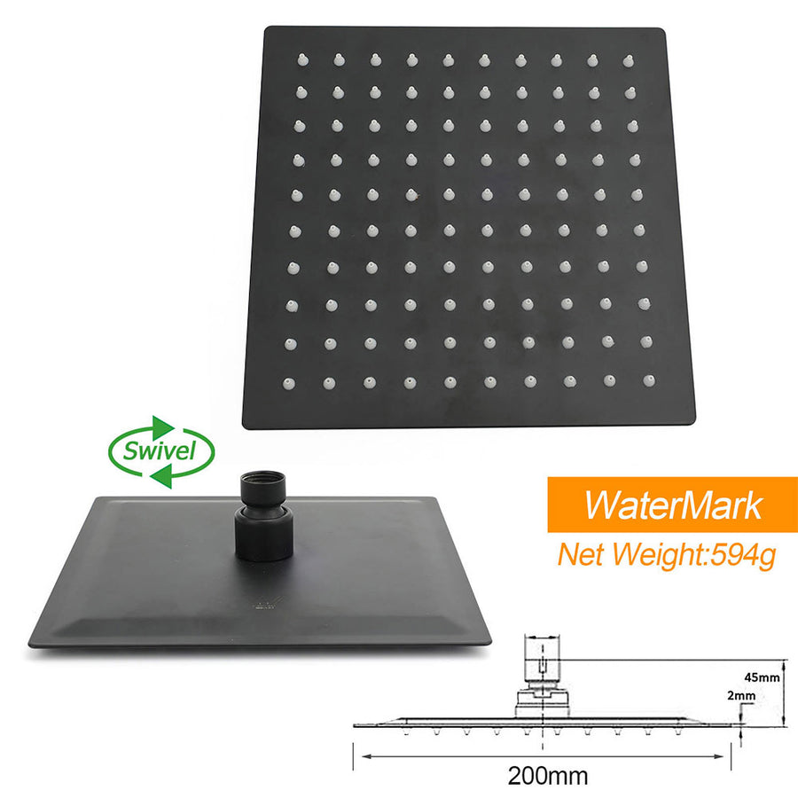 Matt Black 8" Square Thin Rain Shower Head Brass Gooseneck Wall Arm Watermark