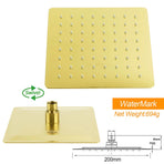 WELS Brushed Gold Square 8" Slim Rain Shower Head Brass Wall Gooseneck Arm Set