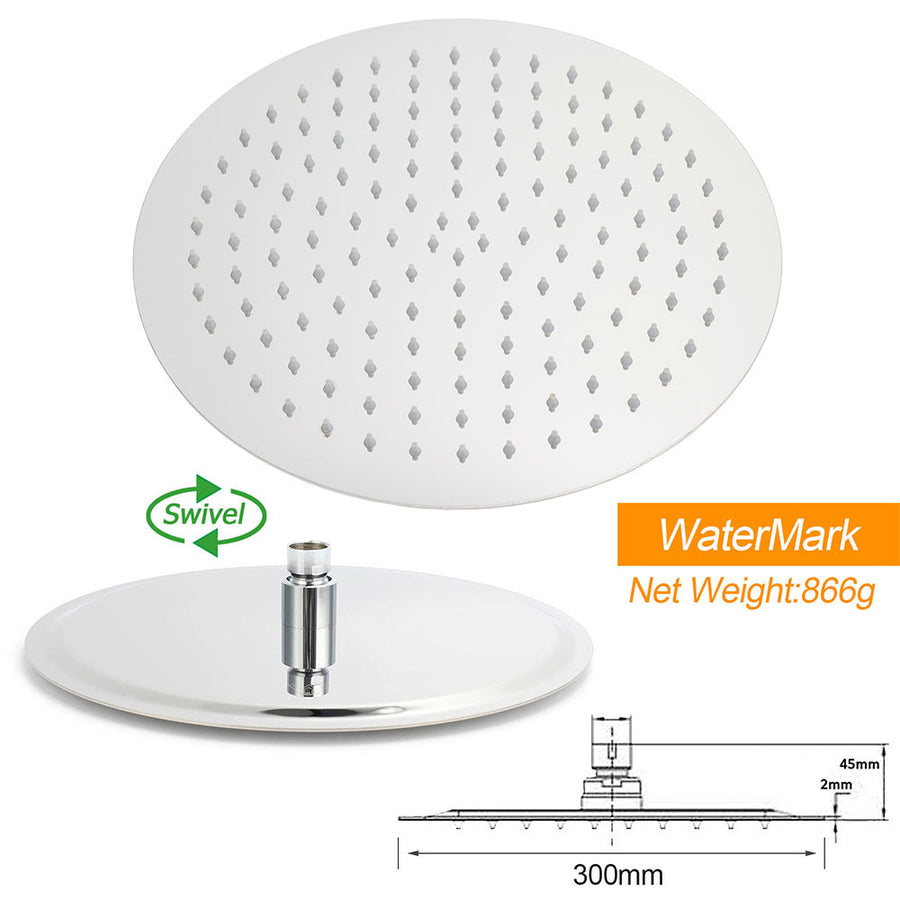 Chrome Round 12" Large Rainfall Shower Head + 360°Swivel Gooseneck Wall Arm Set