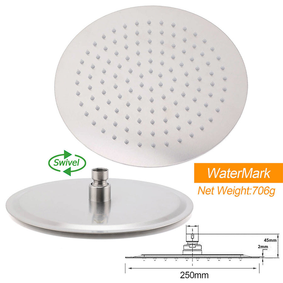 Brushed Nickel 10" Round Rainfall Shower Head 360°Swivel Gooseneck Wall Arm Set