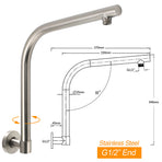 Brushed Nickel 12" Round Rainfall Shower Head 360°Swivel Gooseneck Wall Arm Set