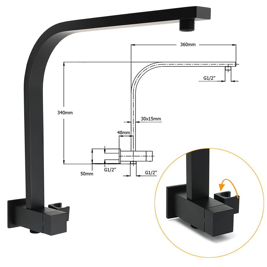 Matt Black Twin Set 16" Extra Large Shower Head 3 Modes Handheld Gooseneck Arm Wall Mixer