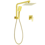 WELS Brushed Gold Twin Shower 8" Rain Head Handheld Diverter Wall Arm Square Mixer