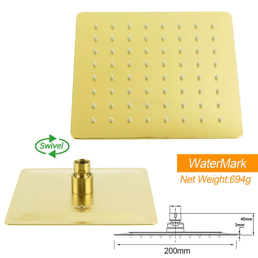 WELS Brushed Gold Twin Shower 8" Rain Head Handheld Diverter Wall Arm Square Mixer