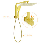 Brushed Gold Twin Shower 12" Rainfall Head Handheld Diverter Wall Arm Set Square