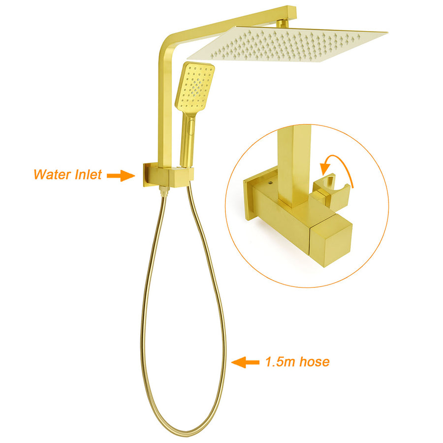 WELS Brushed Gold Twin Shower 12" Rain Head Handheld Diverter Wall Arm Set Square Taps