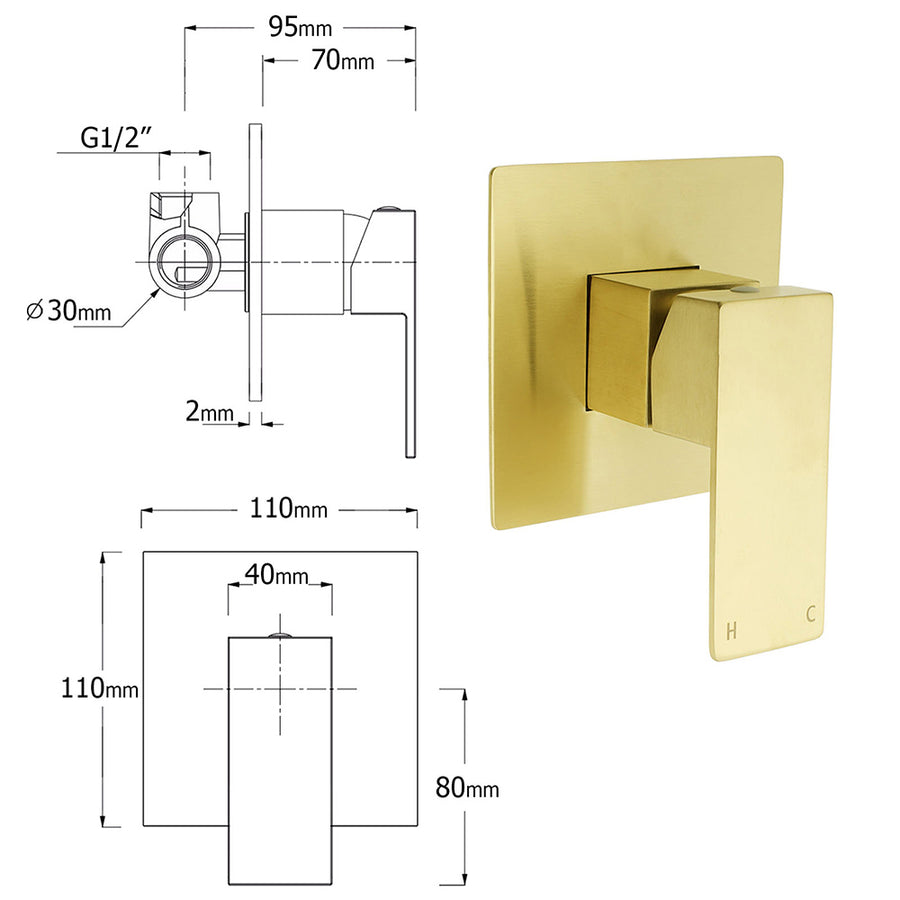 Brushed Gold Twin Shower 12" Rain Head Handheld Diverter Gooseneck Arm Set Square Wall Mixer