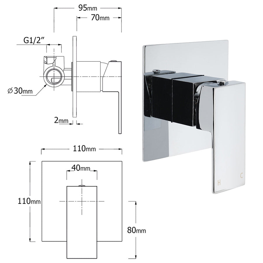 WELS Chrome 2in1 10" Square Rain Shower Head Handheld Spray Diverter Wall Arm Mixer Set