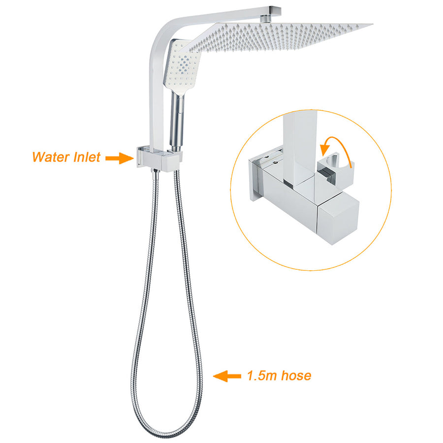 WELS Square Twin Shower Head Chrome 12 inch 3 Mode Handheld Diverter Wall Arm Set
