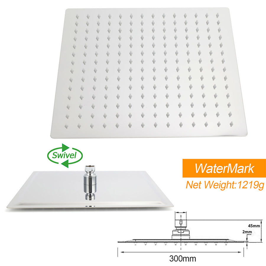 WELS Square Large 12" Shower Head 3 Mode Handheld Diverter Wall Arm 2in1 Set + Taps