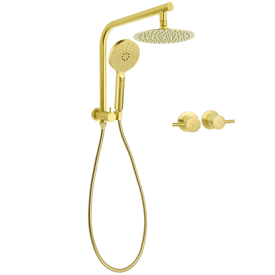 WELS Brushed Gold Round Twin 8" Shower Head Set Diverter Wall Arm Metal Handheld + Taps
