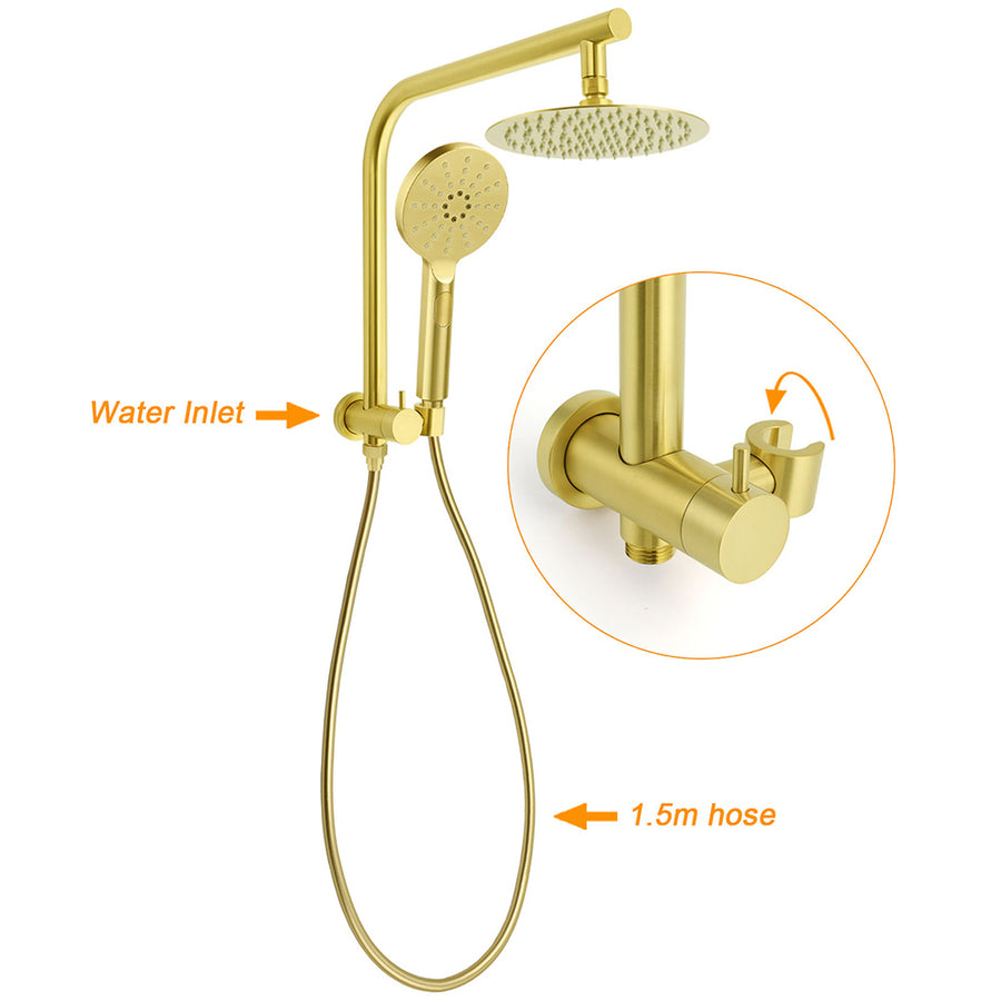 WELS Brushed Gold Round Twin 8" Shower Head Set Diverter Wall Arm Metal Handheld + Taps