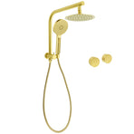 WELS Brushed Gold Round Dual Shower Head Set Simple Hold Handheld Gooseneck Arm Twin Taps
