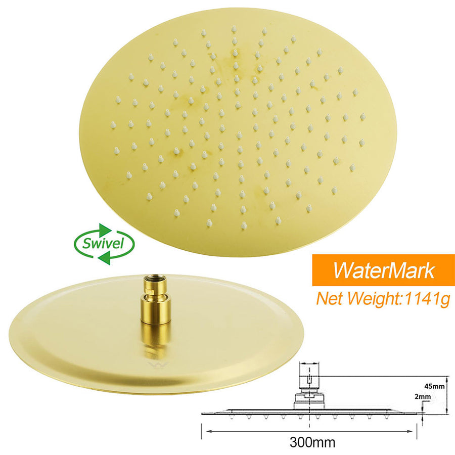 Brushed Gold Round Large 12" Rain Shower Head 3 Mode Handheld Wall Arm Mixer Set
