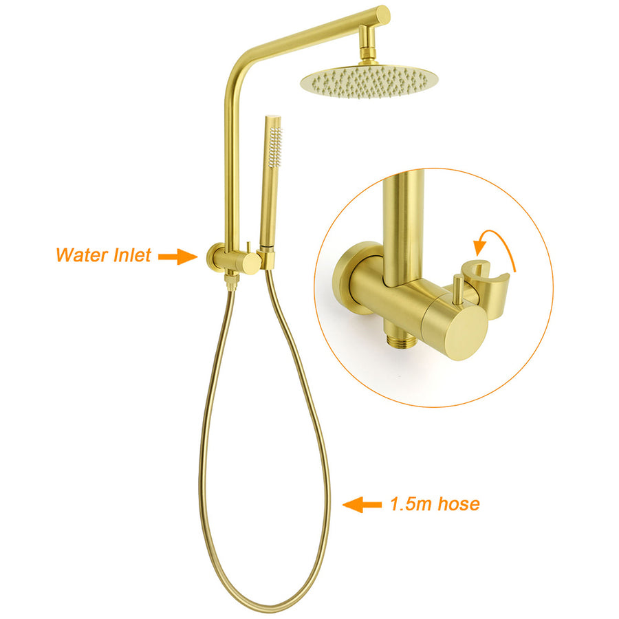 WELS Brushed Gold Round 2in1 Shower Head Set Diverter Wall Arm Stainless Steel Handheld + Taps