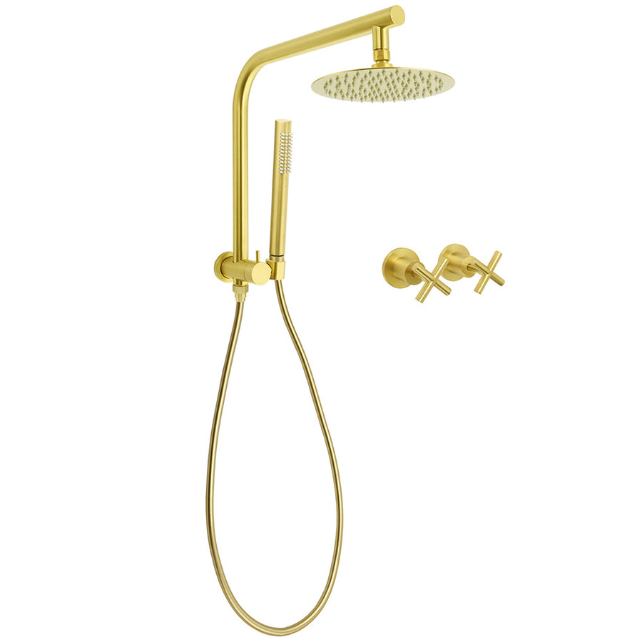 WELS Brushed Gold Round Twin Shower Head Set Diverter Wall Arm Metal Handheld With Mixer
