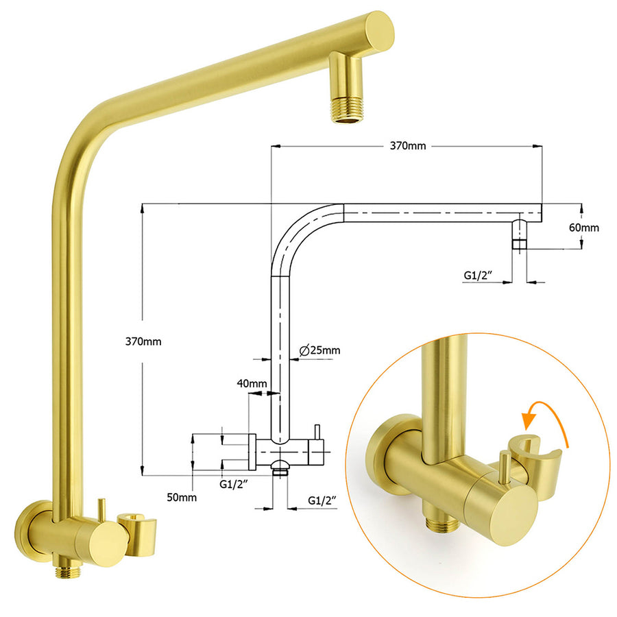 WELS Brushed Gold Large 12" Rain Shower Head Ergonomic Handheld Rose Diverter Twin Taps Combo