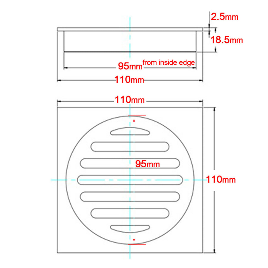 Chrome Stainless Steel 110mm Small Square Shower Grate Floor Drain 95mm Outlet