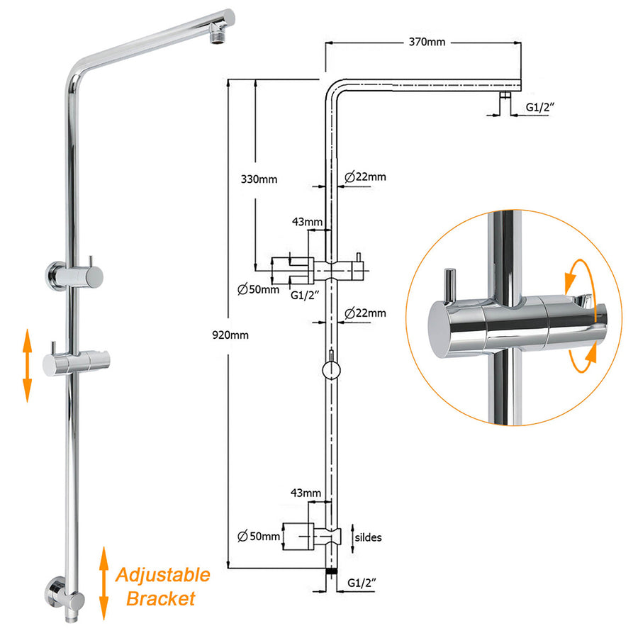 250mm Rain Shower Head Round Handheld Sliding Rail Diverter Arm 2in1 Set Chrome