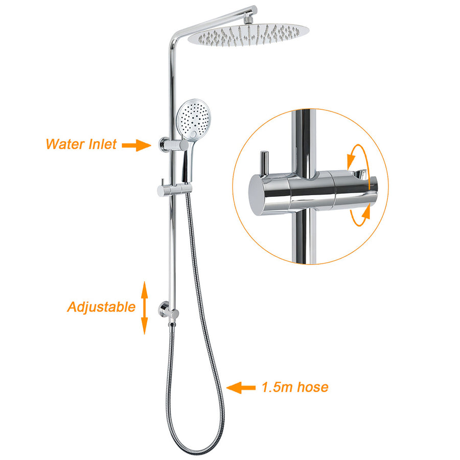 WELS Double Round Shower Head Handheld Sliding Rail Arm Chrome 12" Rainfall Set