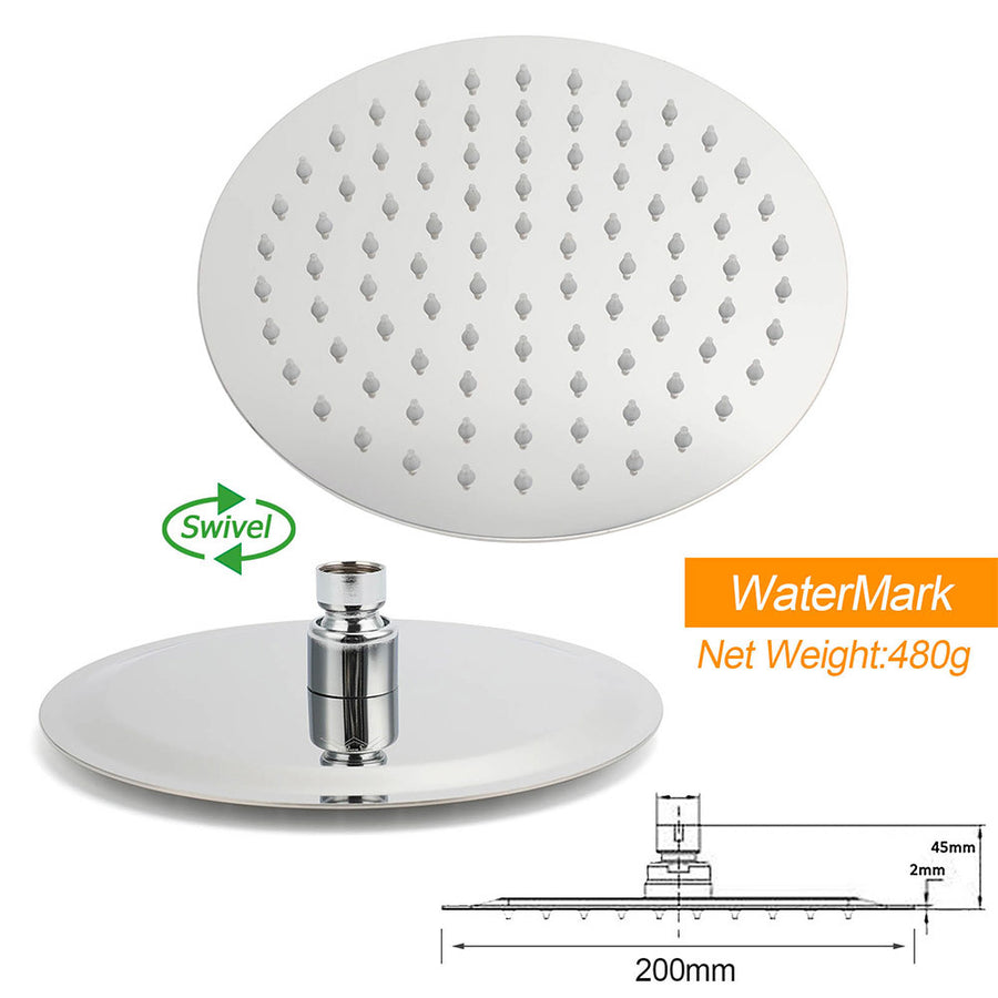 Bathroom Round 8" Rain Shower Head Single Mode Brass Handheld Spray Rail Arm Set