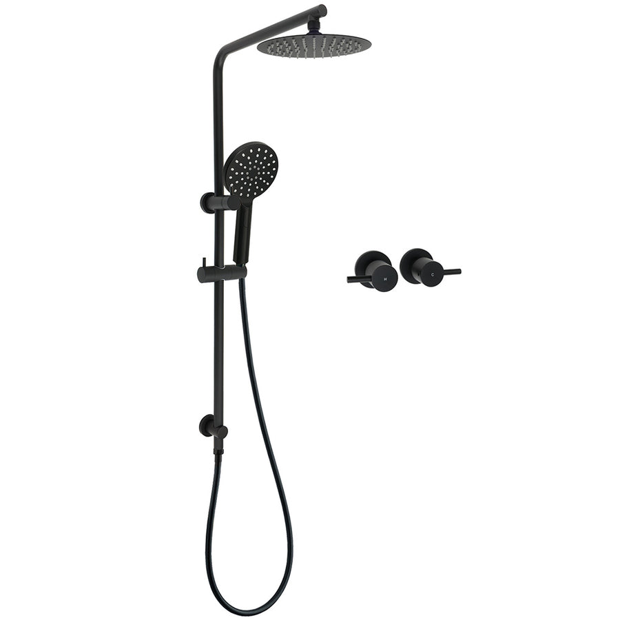 WELS Matt Black Round 2in1 8" Shower Head Sliding Rail Arm 3 Modes Handheld Twin Taps