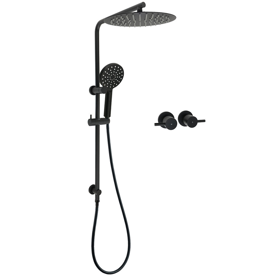 Matt Black Dual Shower 12" Large Shower Rain Head + Handheld Silde Wall Rail Twin Taps Set