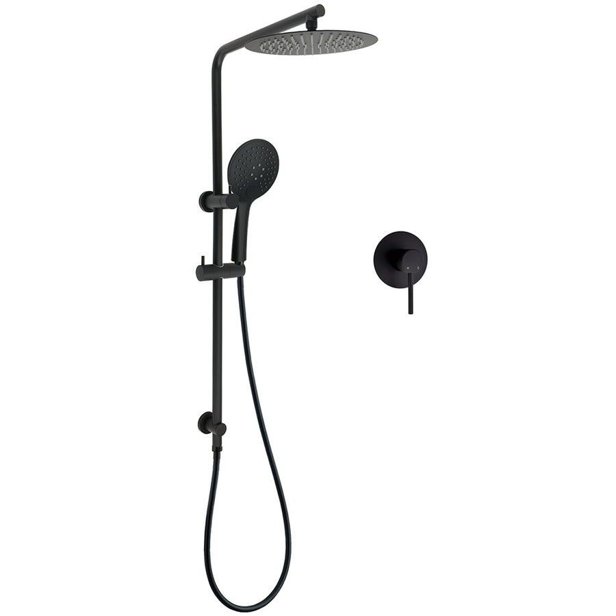 Matt Black Twin 10 Inch Shower Head 3 Modes Handheld 2in1 Wall Rail Arm Round Mixer