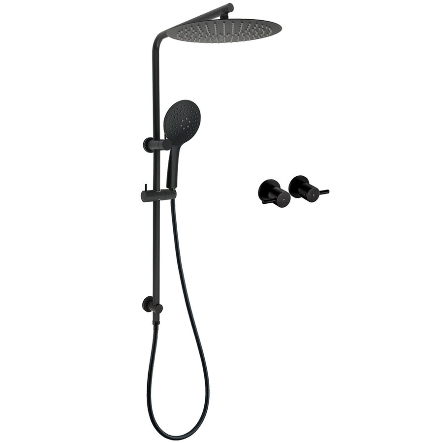WELS Matt Black Shower Set 12" Large Rain Head Handheld Sliding Rail Arm Round Taps